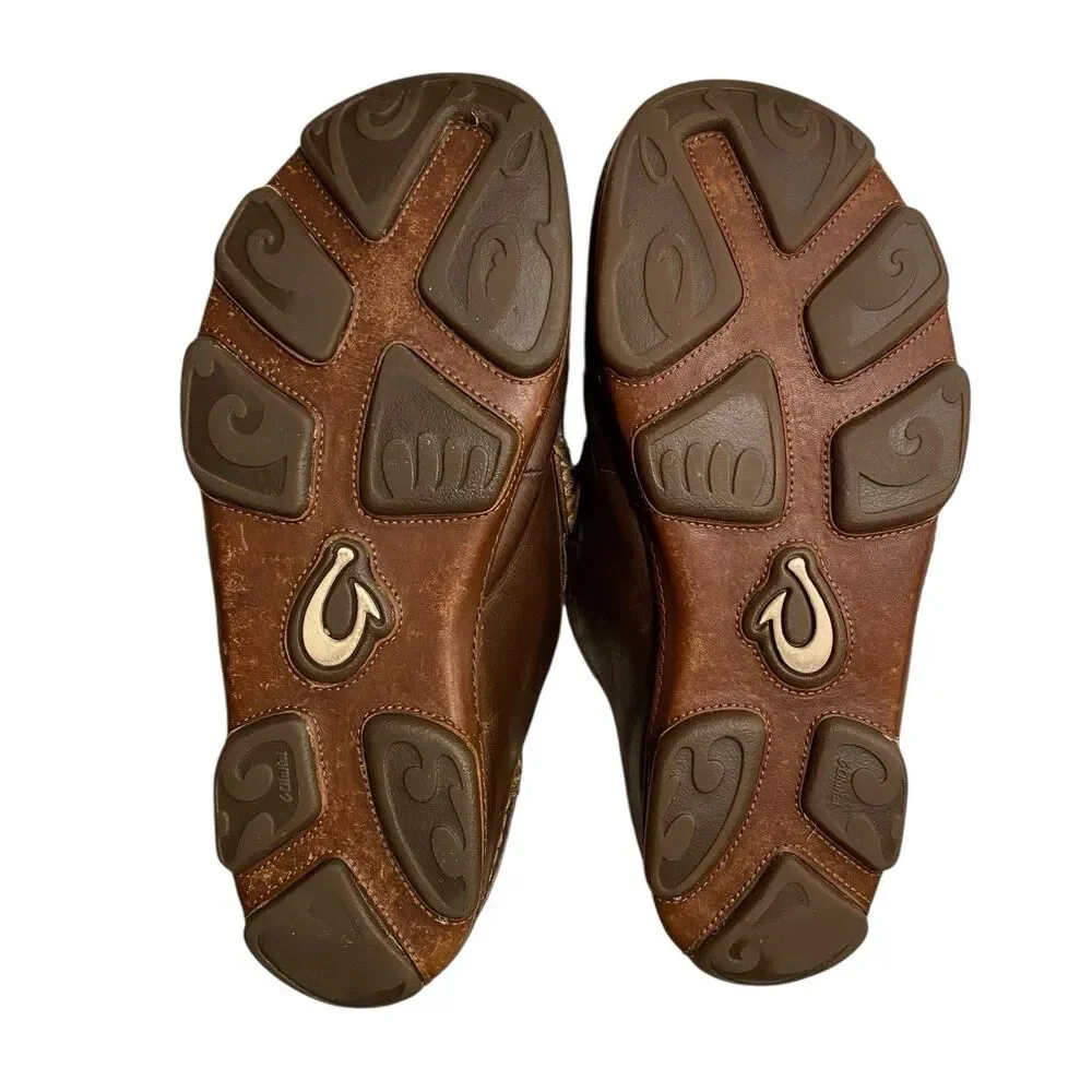 OluKai Moloa Leather Slip On Loafers Mens 8.5 Brown Drop In Heel Moc Toe Comfort